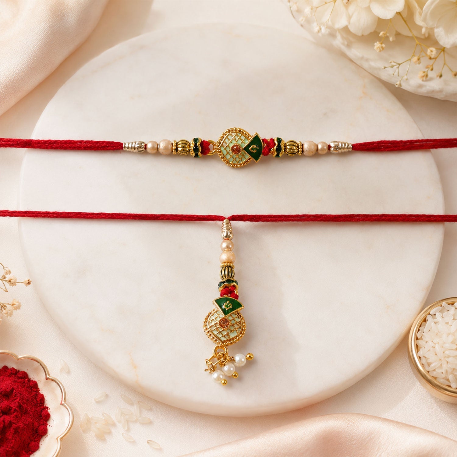 Green Meenakari Bhaiya Bhabhi Rakhi Set with Pearl Beads