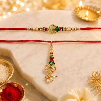 Green Meenakari Bhaiya Bhabhi Rakhi Set with Pearl Beads