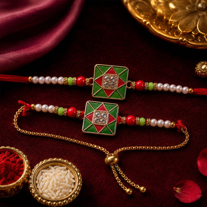 Red & Green Square Meenakari Bhaiya Bhabhi Rakhi