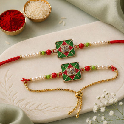 Red & Green Square Meenakari Bhaiya Bhabhi Rakhi