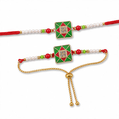 Red & Green Square Meenakari Bhaiya Bhabhi Rakhi