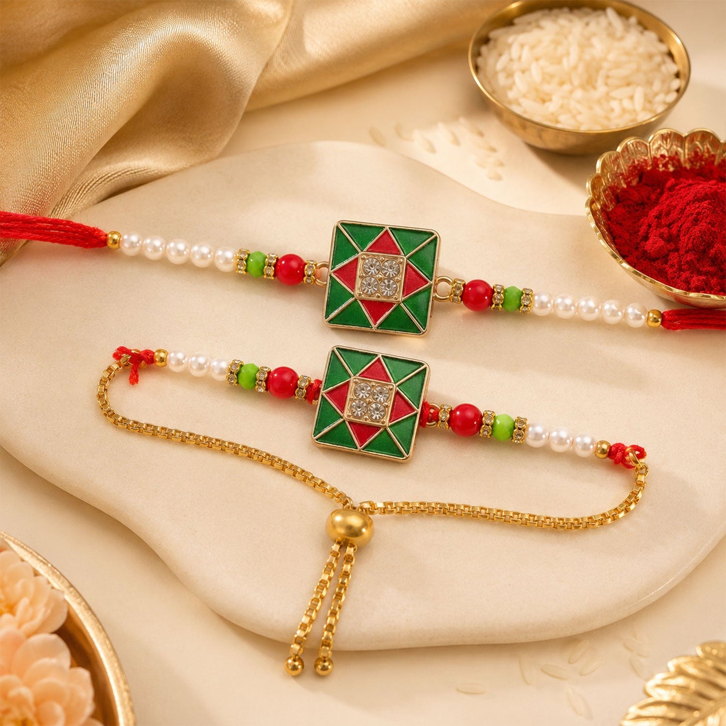 Red & Green Square Meenakari Bhaiya Bhabhi Rakhi