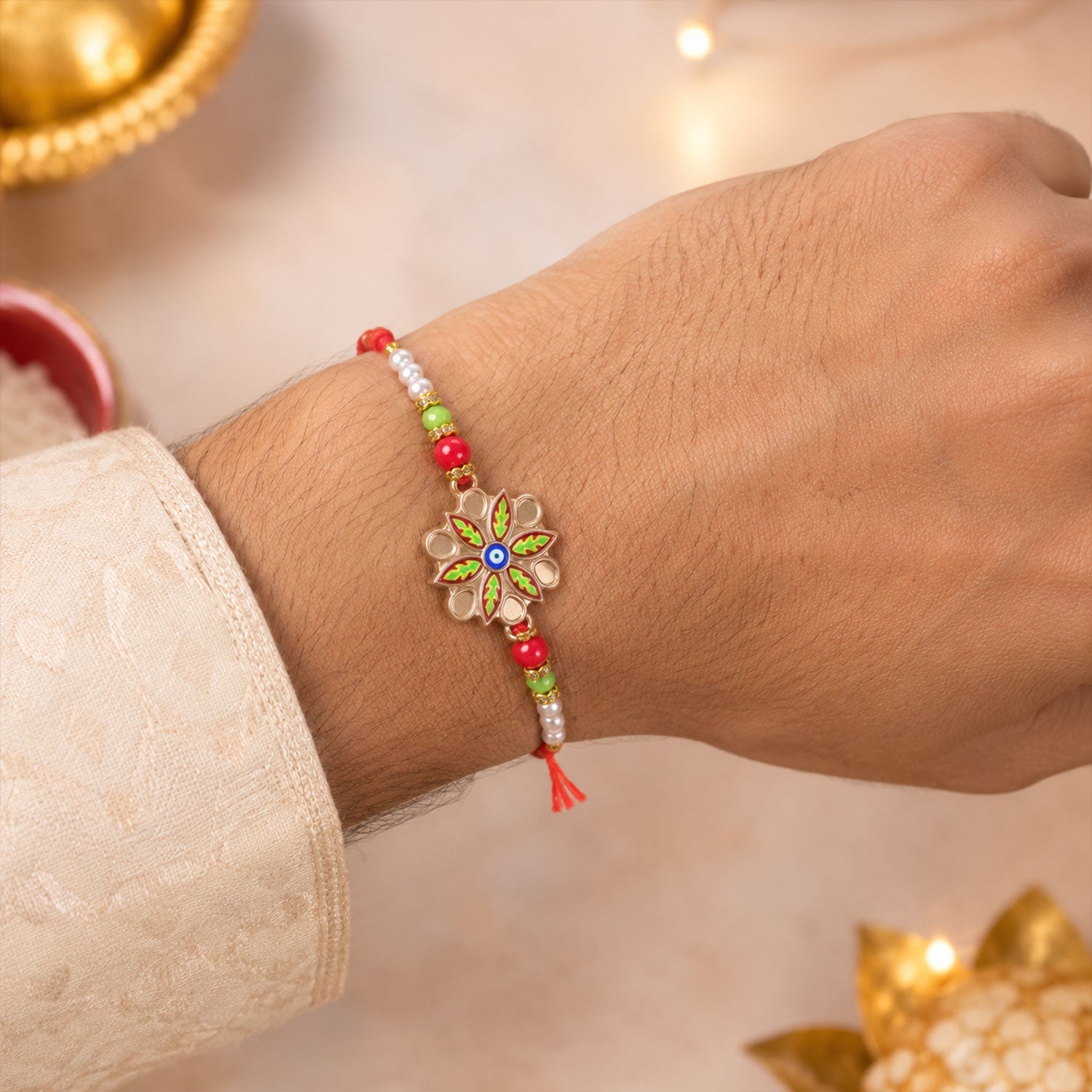 Meenakari Floral Evil Eye Rakhi with Colourful Beads for Brother