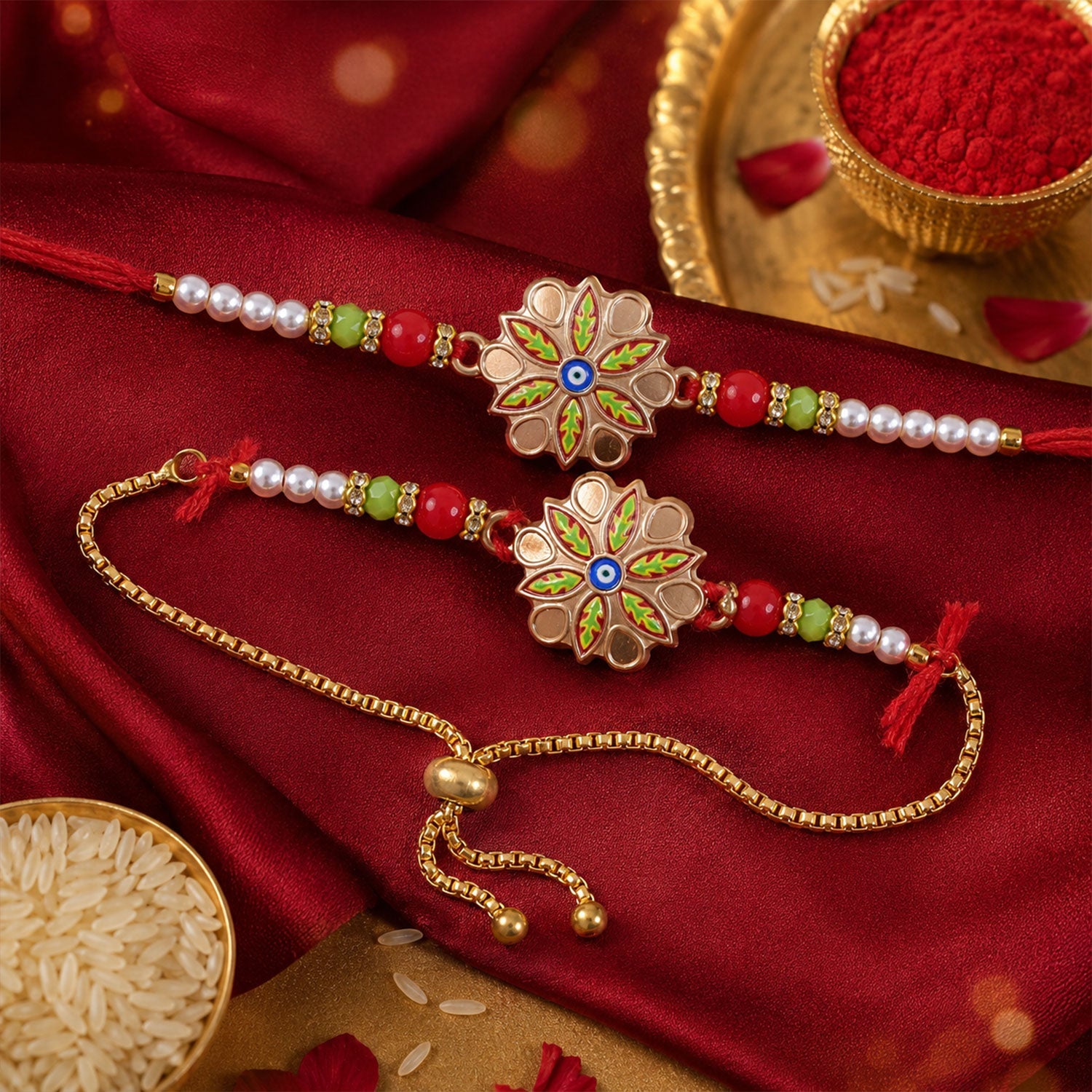 Meenakari Floral Evil Eye Rakhi with Colourful Beads for Brother