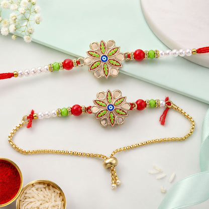 Meenakari Floral Evil Eye Rakhi with Colourful Beads for Brother