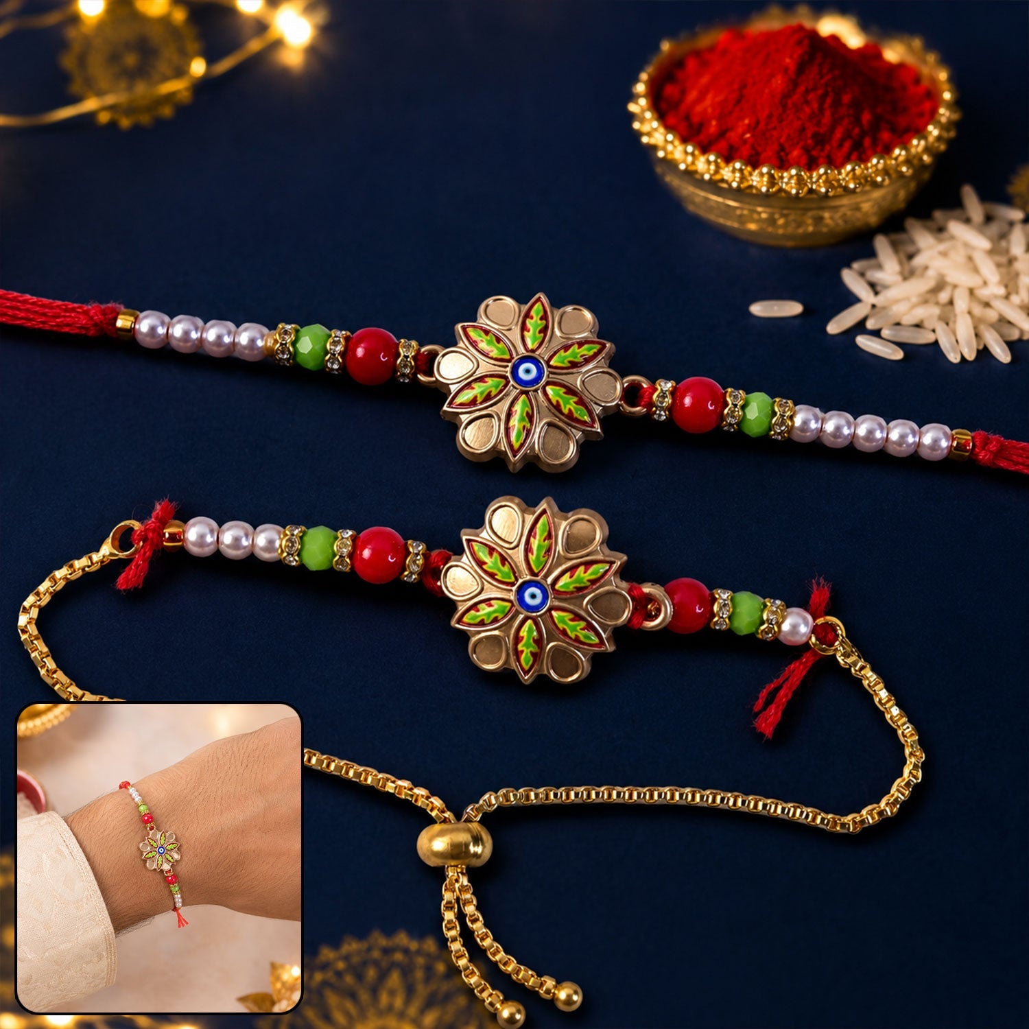 Meenakari Floral Evil Eye Rakhi with Colourful Beads for Brother