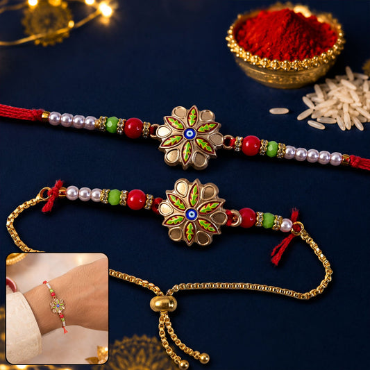 Meenakari Floral Evil Eye Rakhi with Colourful Beads for Brother