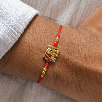 Gold Elephant Charm Rakhi with Red Thread & Beads