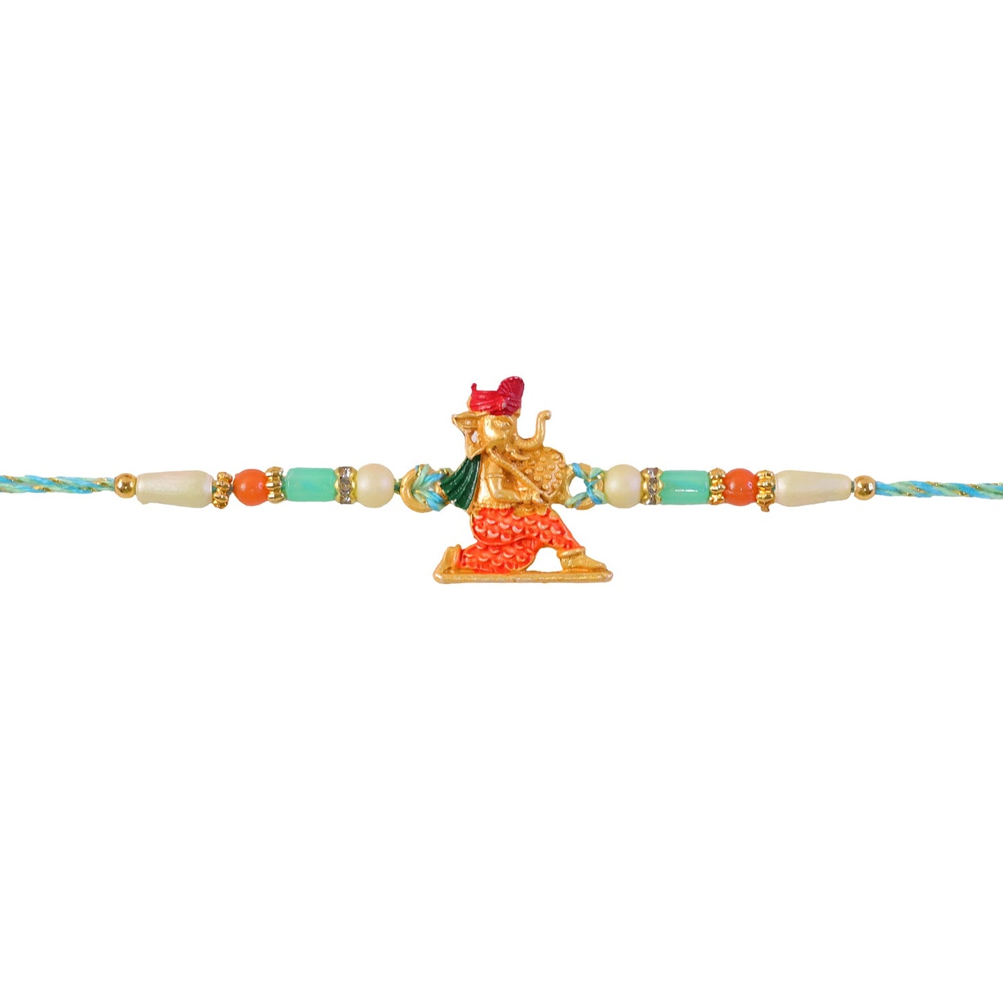 Top view of Ganesh Charm Rakhi with turquoise beads
