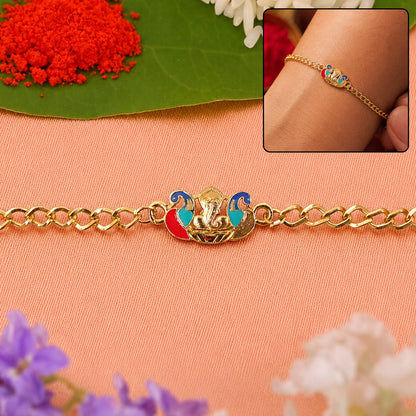 Peacock Ganesh charm rakhi bracelet on white background