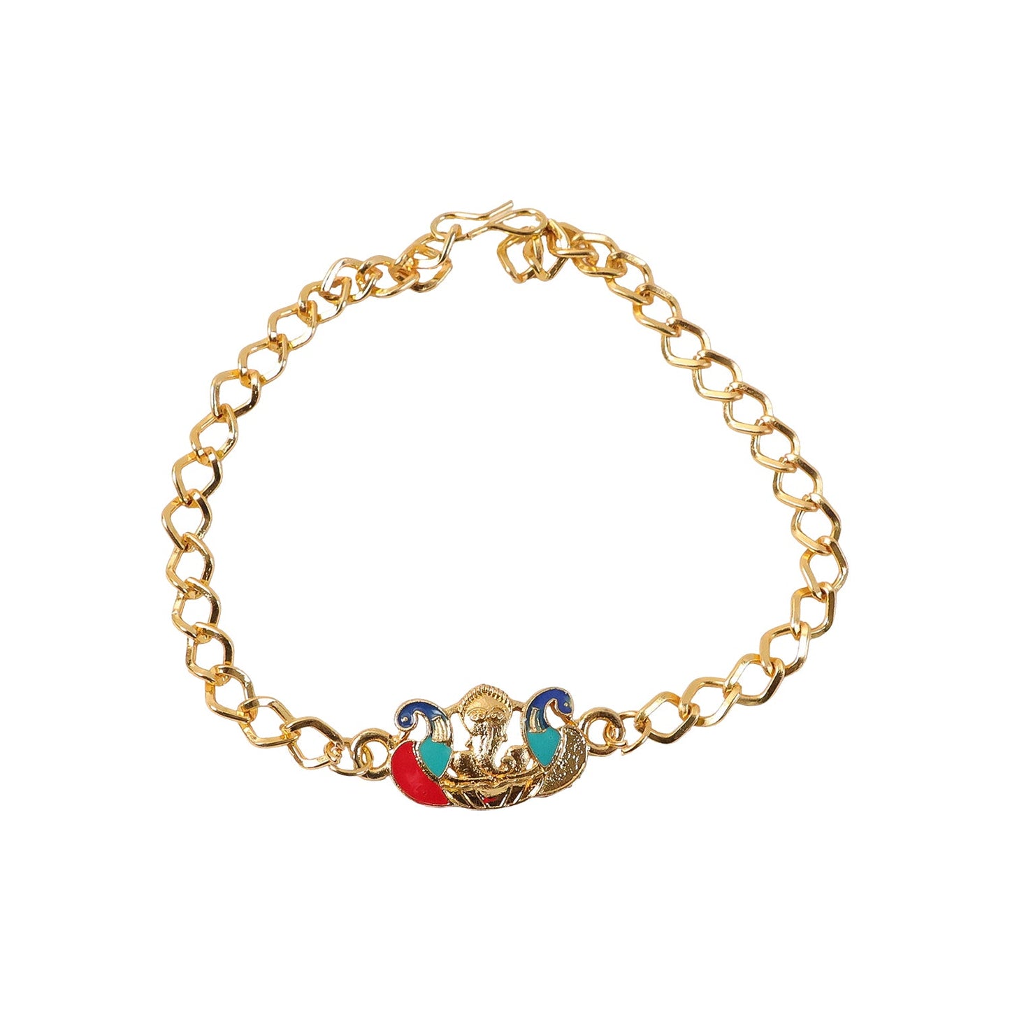 Peacock Ganesh rakhi bracelet laid out showing colorful beads