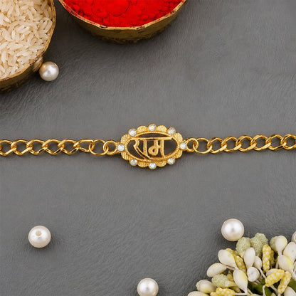 Close up of Ram Text Pearl Stone Gold Tone Rakhi Bracelet centerpiece