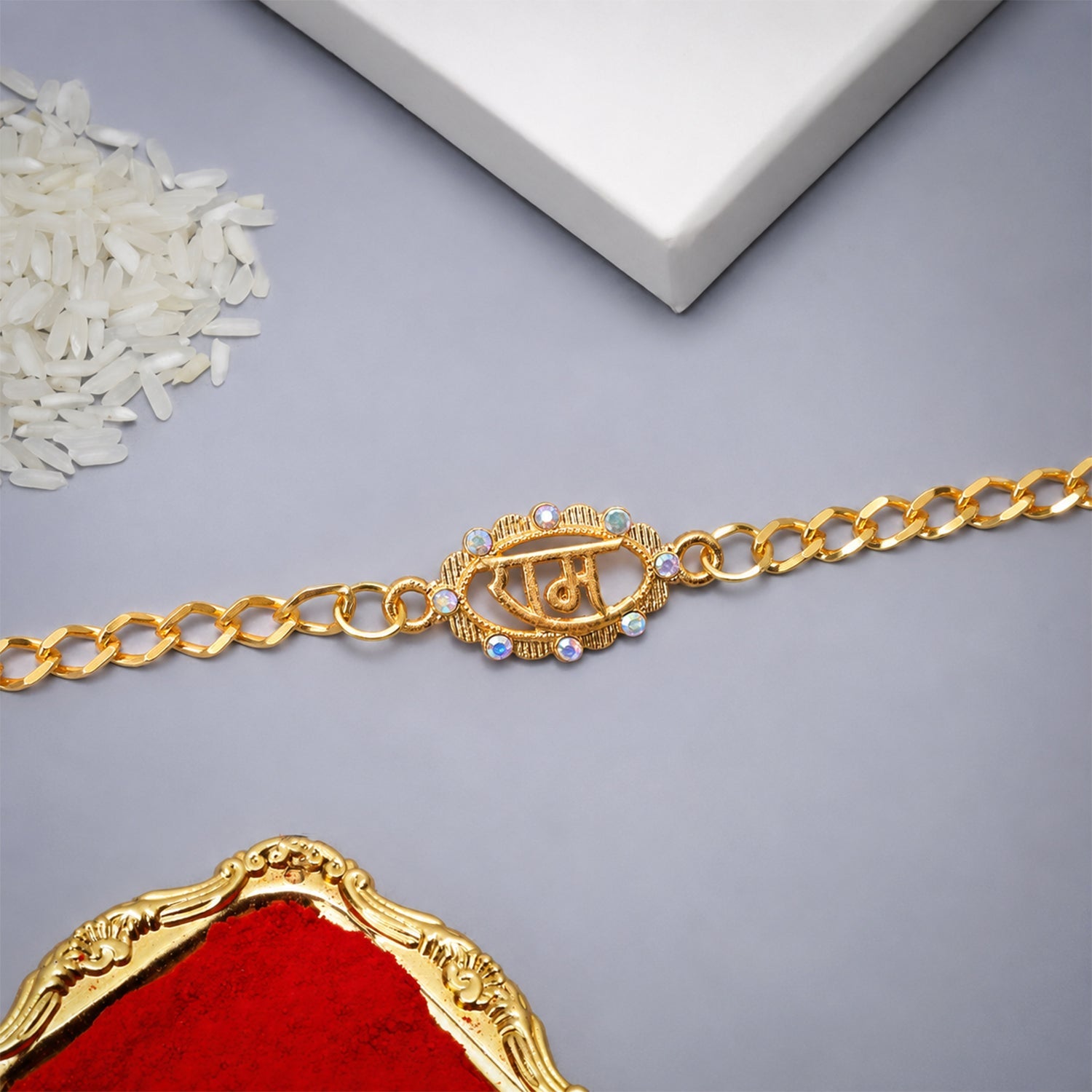 Ram Text Pearl Stone Gold Tone Rakhi Bracelet side view with beads