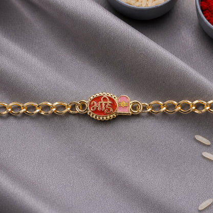 Side view of Bhai Red Enamel Gold Tone Rakhi bracelet
