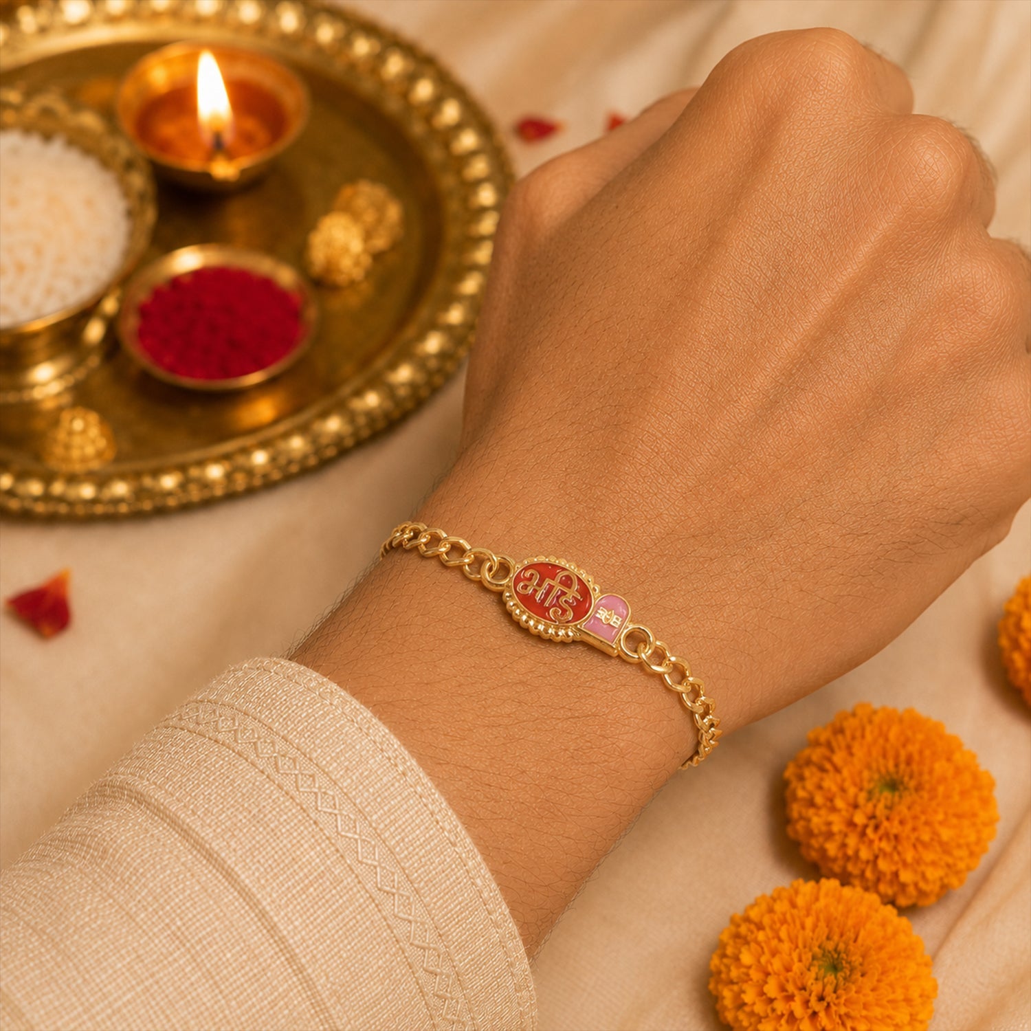 Close up view of Bhai Round Red Enamel Rakhi with decorative beads