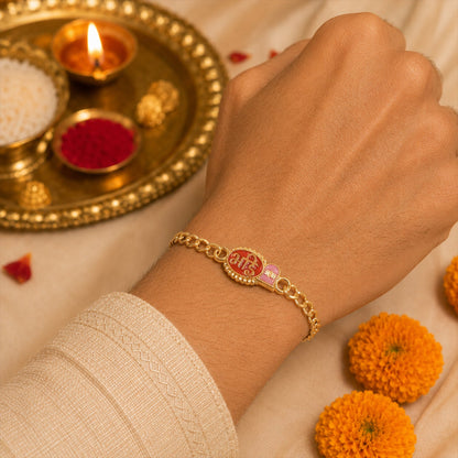 Close up view of Bhai Round Red Enamel Rakhi with decorative beads