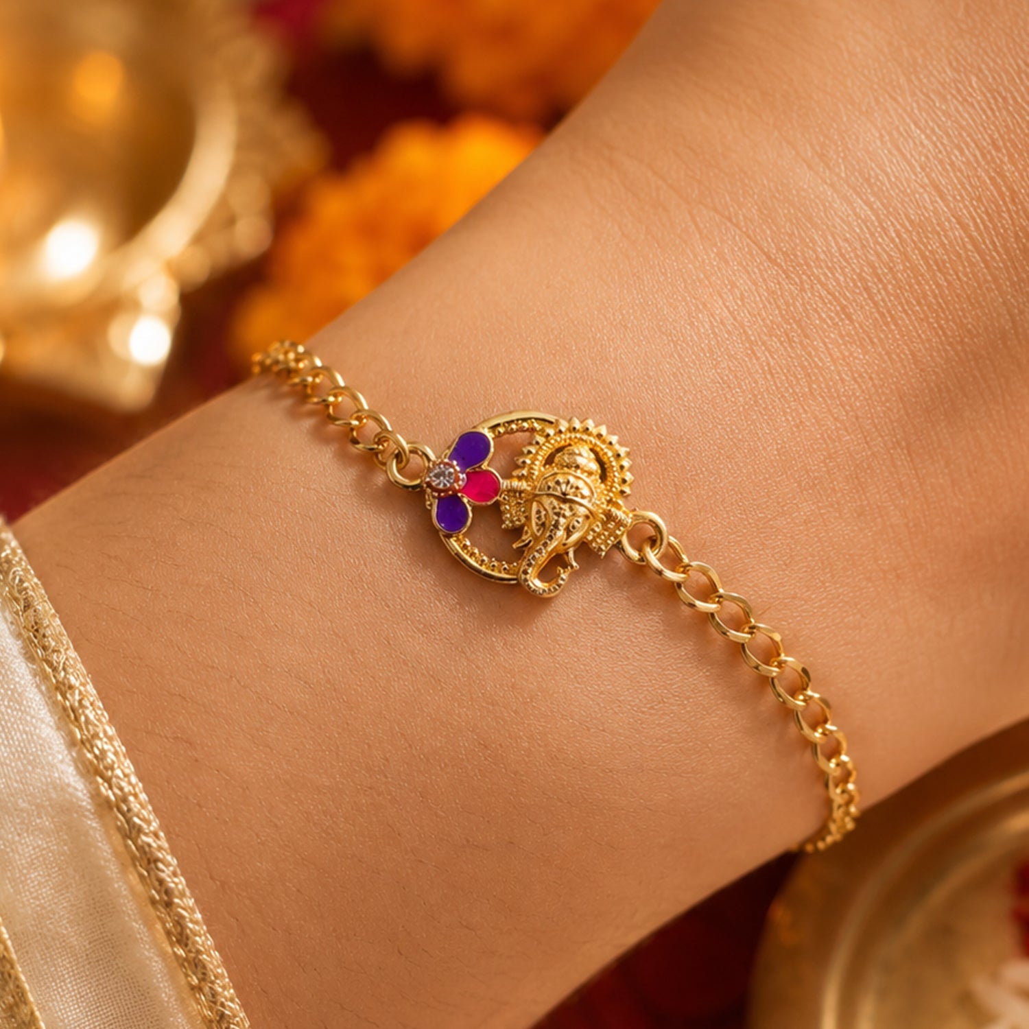Side angle of Lord Ganesha stone bracelet rakhi