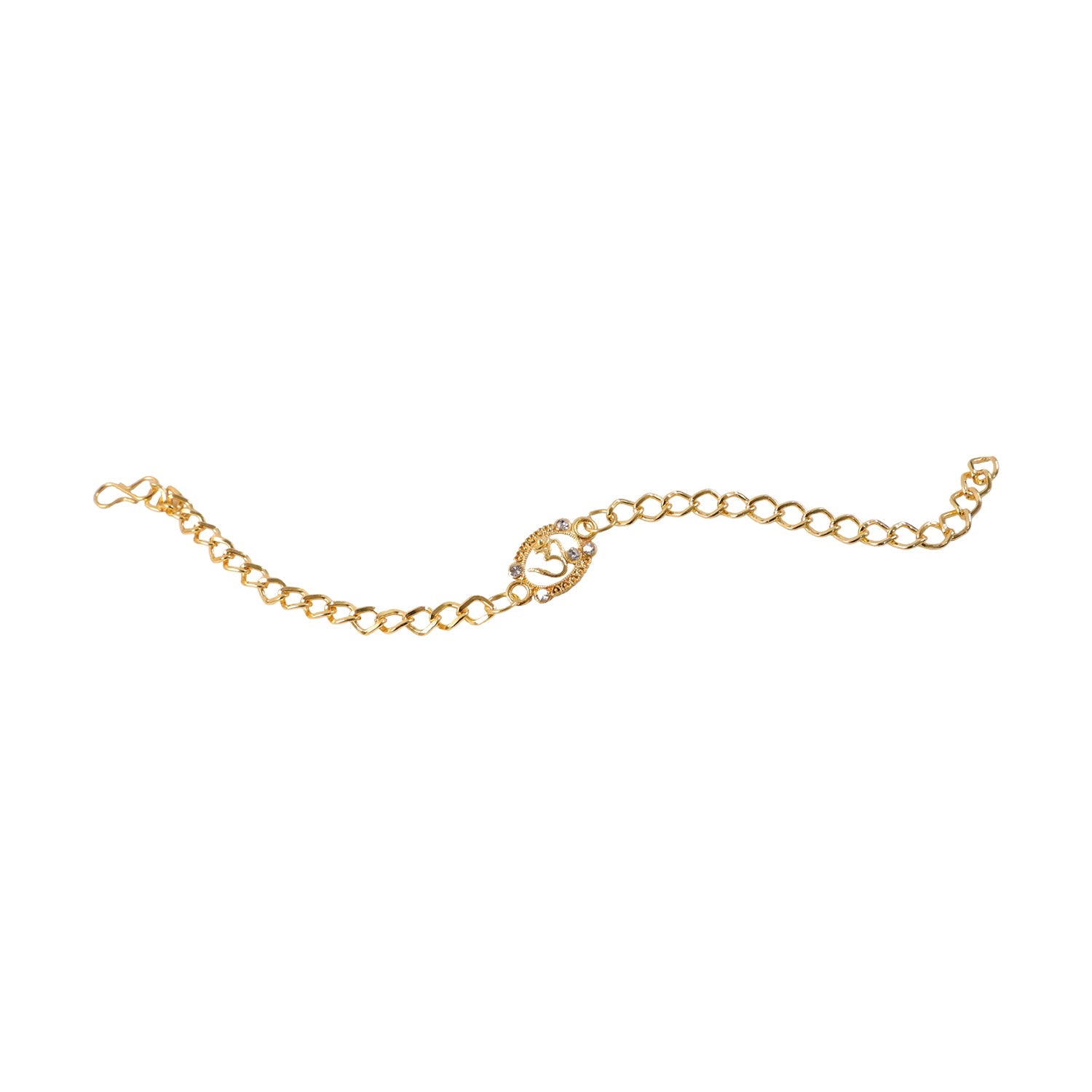 Styled view of Om stone gold tone rakhi bracelet