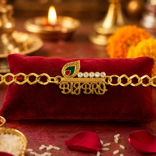Big Bro stone studded gold tone bracelet rakhi close-up