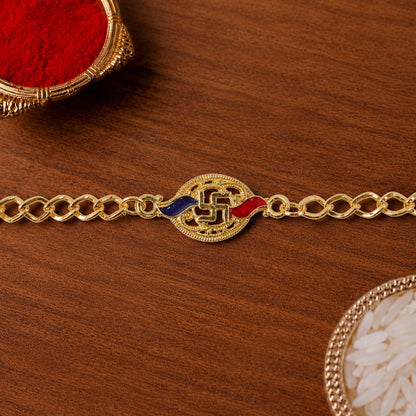 Swastik Enamel Gold Tone Bracelet Rakhi close-up of centerpiece