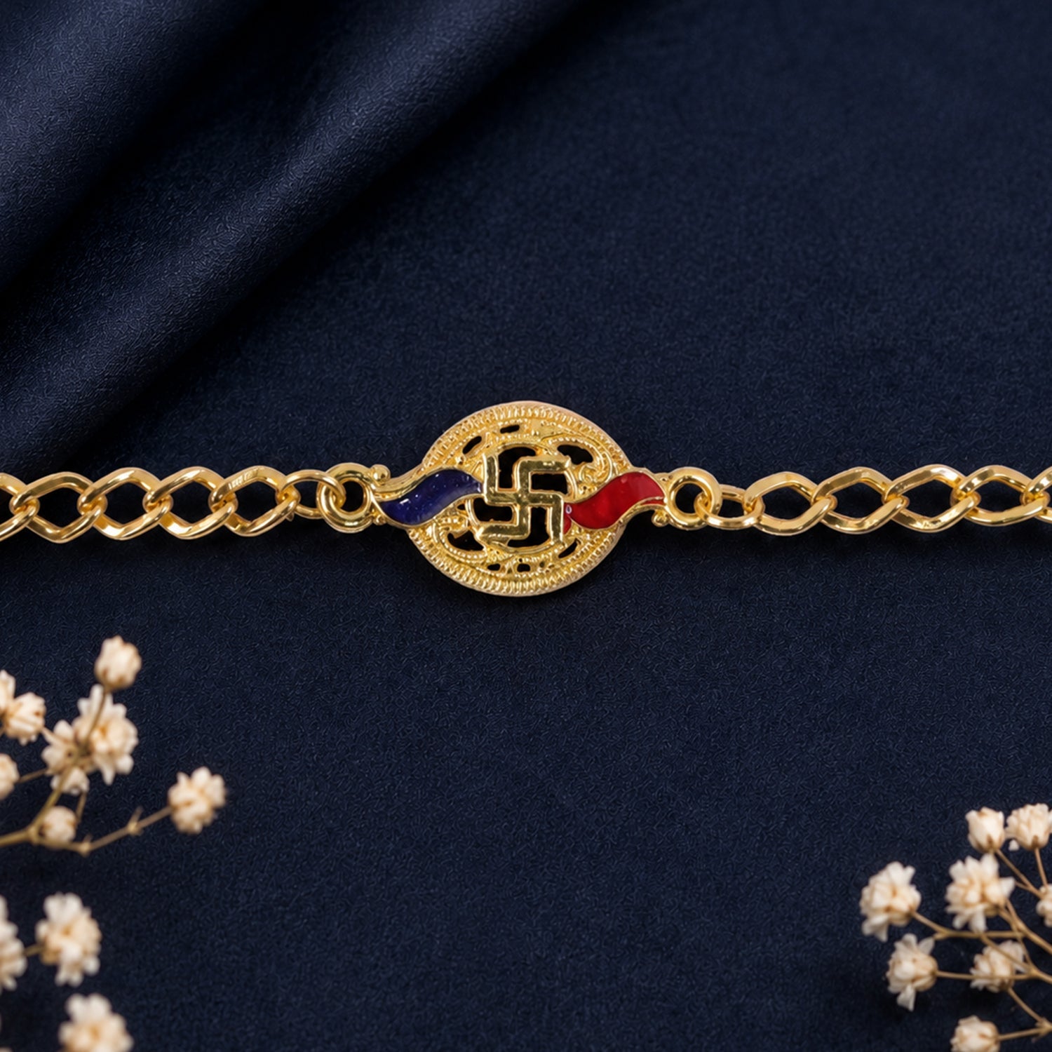 Swastik Enamel Gold Tone Bracelet Rakhi thread and beads detail