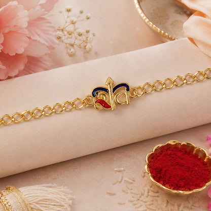lightweight thread bracelet rakhi with gold tone centerpiece