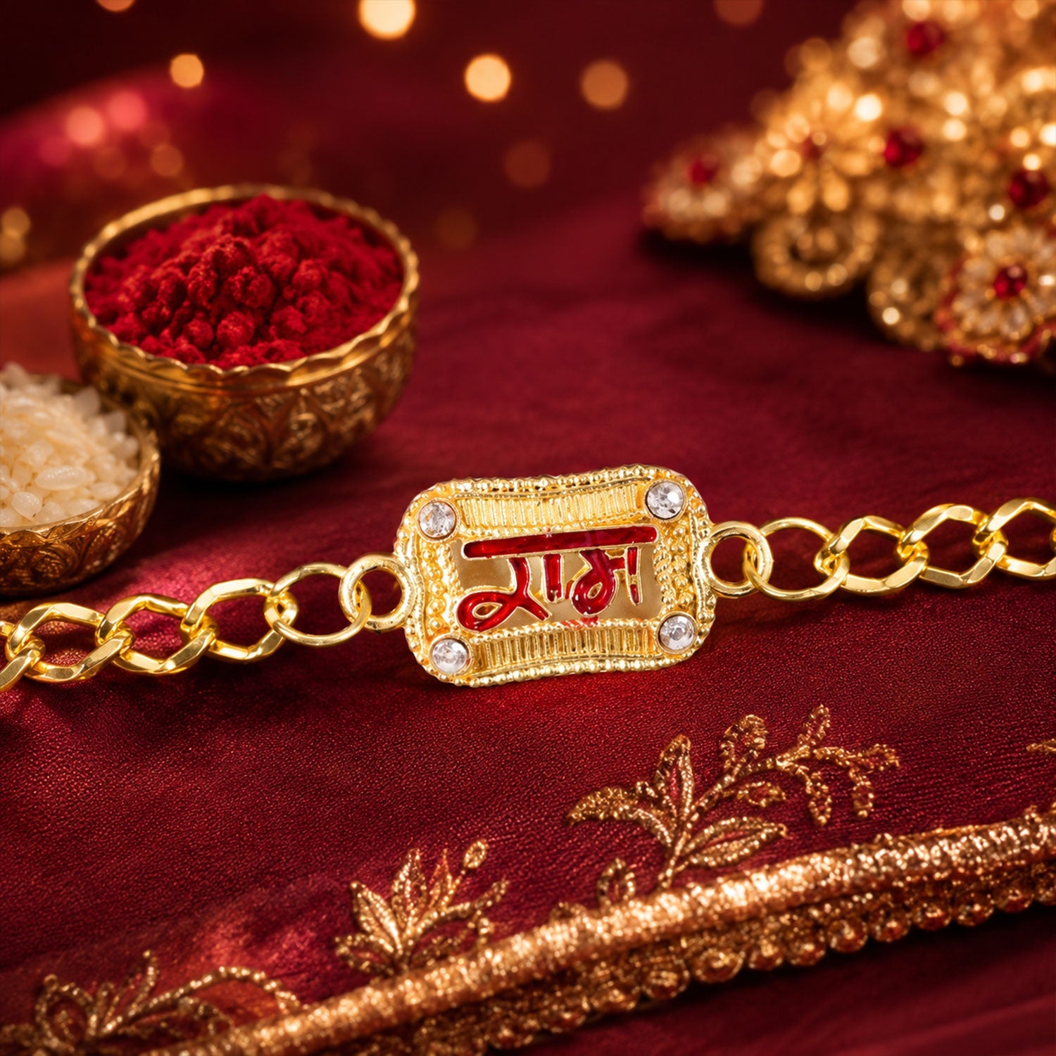 Ram Text Rakhi Bracelet side view showing thread