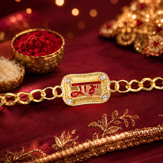 Side view of Ram Text Rakhi bracelet showing thread and design
