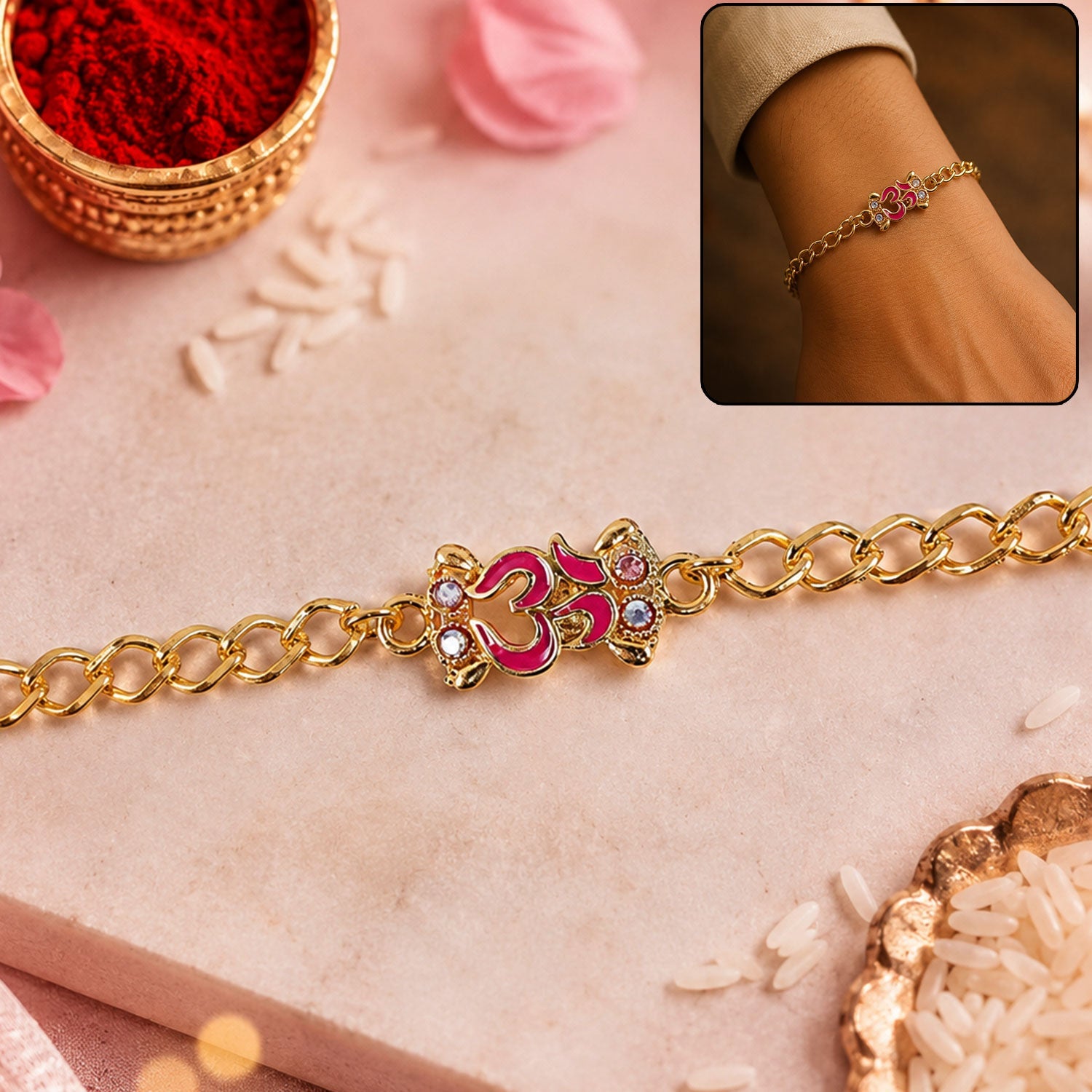 Om stone studded gold tone rakhi bracelet close-up