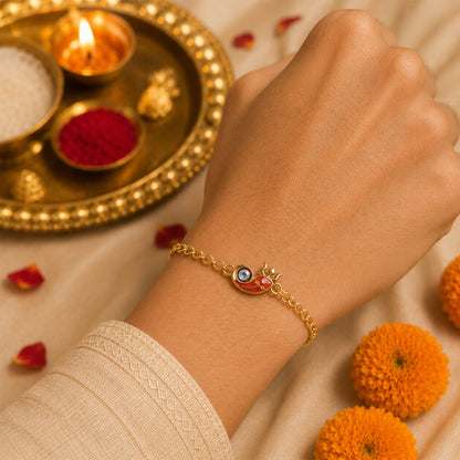 Side view of Ganesha Rakhi Bracelet showing thread and beads