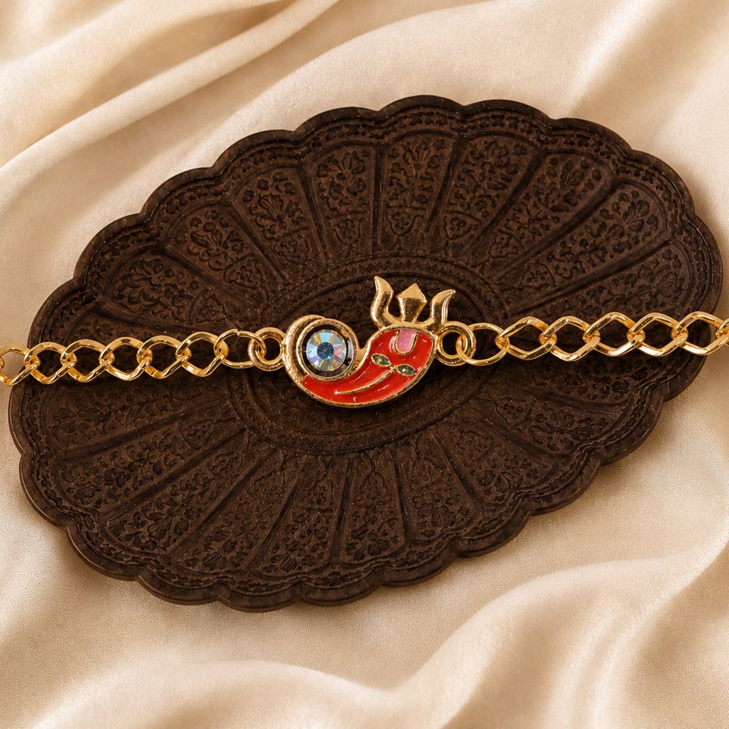 Ganesha Red Enamel Stone Gold Tone Rakhi Bracelet