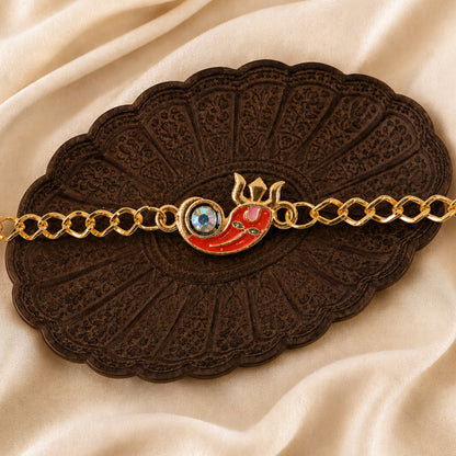 Ganesha Red Enamel Stone Gold Tone Rakhi Bracelet