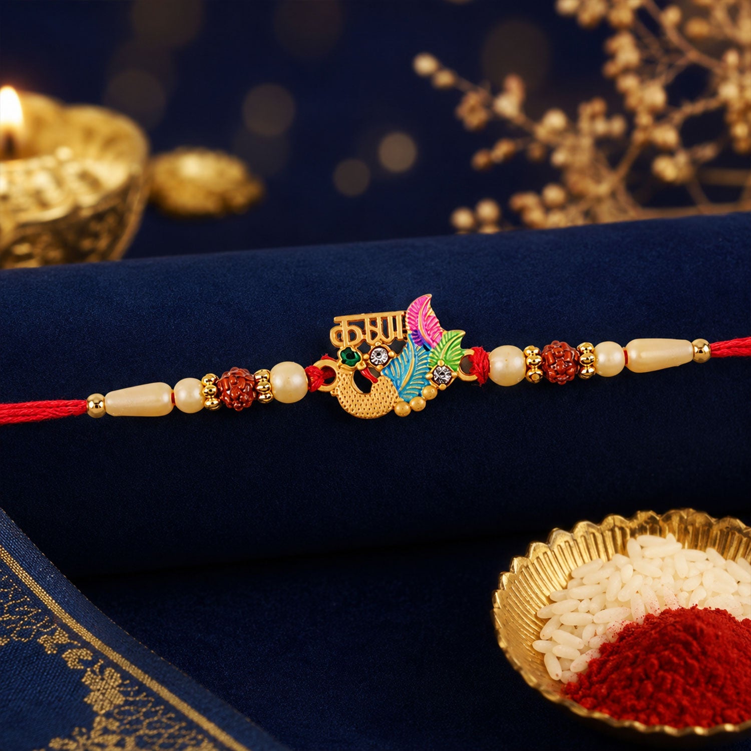 Lord Krishna Multicolor Enamel Gold Tone Rakhi