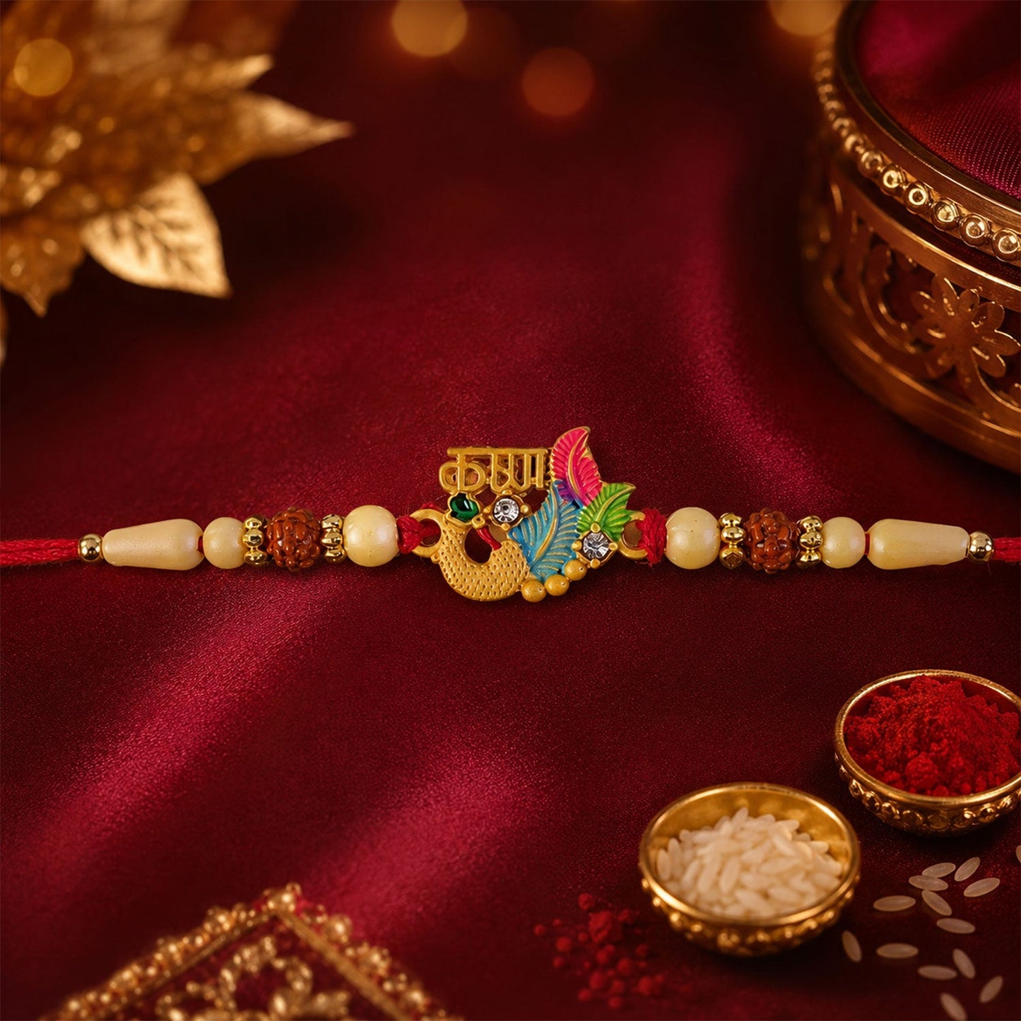 Lord Krishna Multicolor Enamel Gold Tone Rakhi