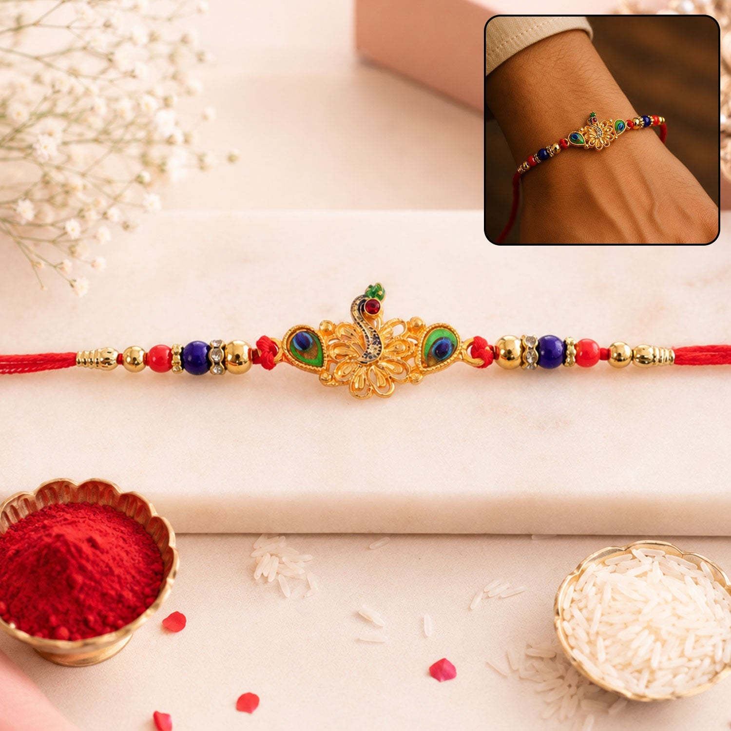 Peacock Multicolor Stone Gold Tone Rakhi
