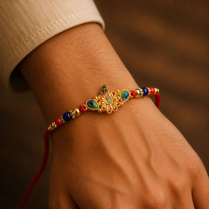Peacock Multicolor Stone Gold Tone Rakhi