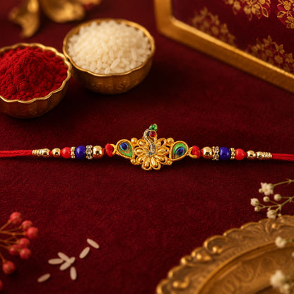 Peacock Multicolor Stone Gold Tone Rakhi