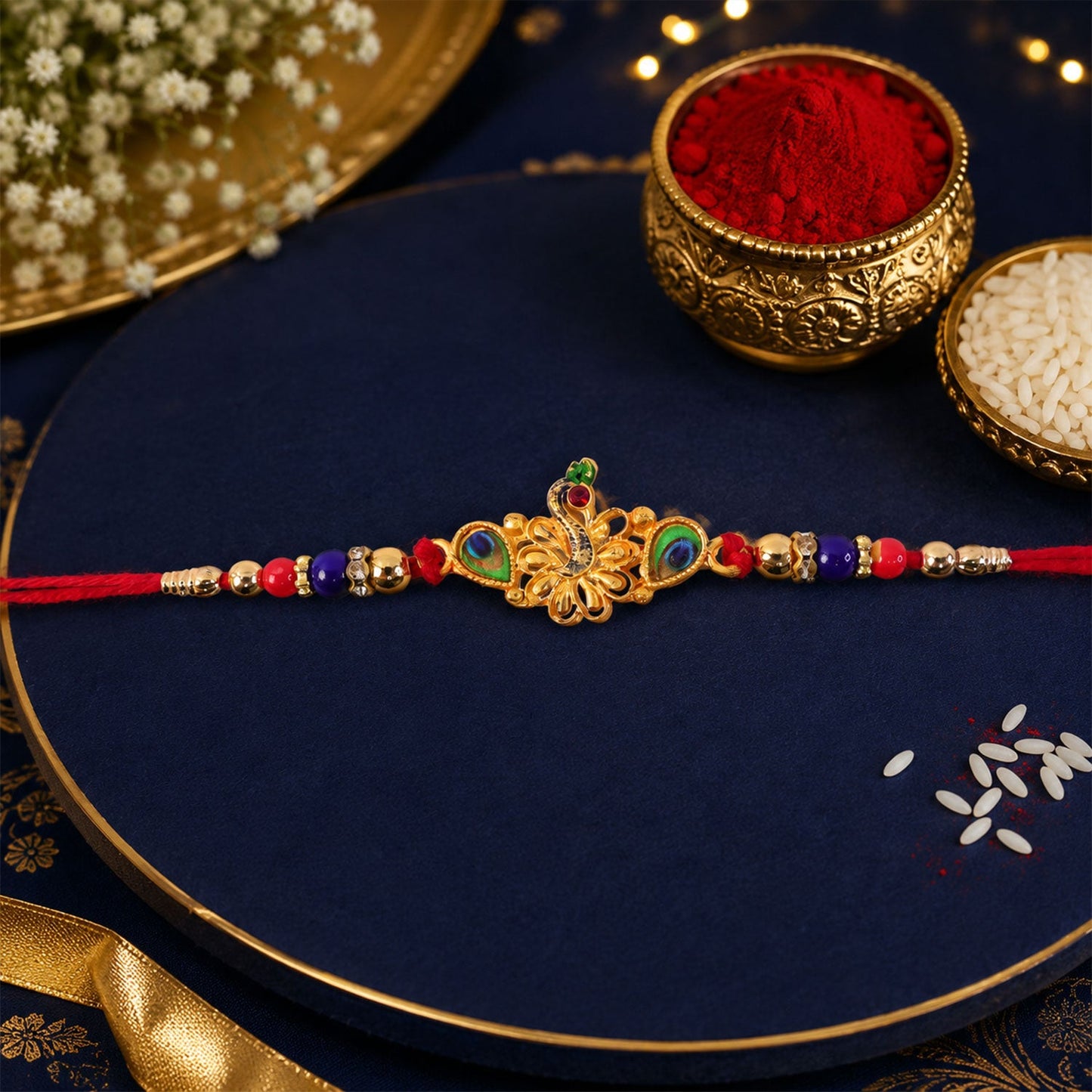 Peacock Multicolor Stone Gold Tone Rakhi