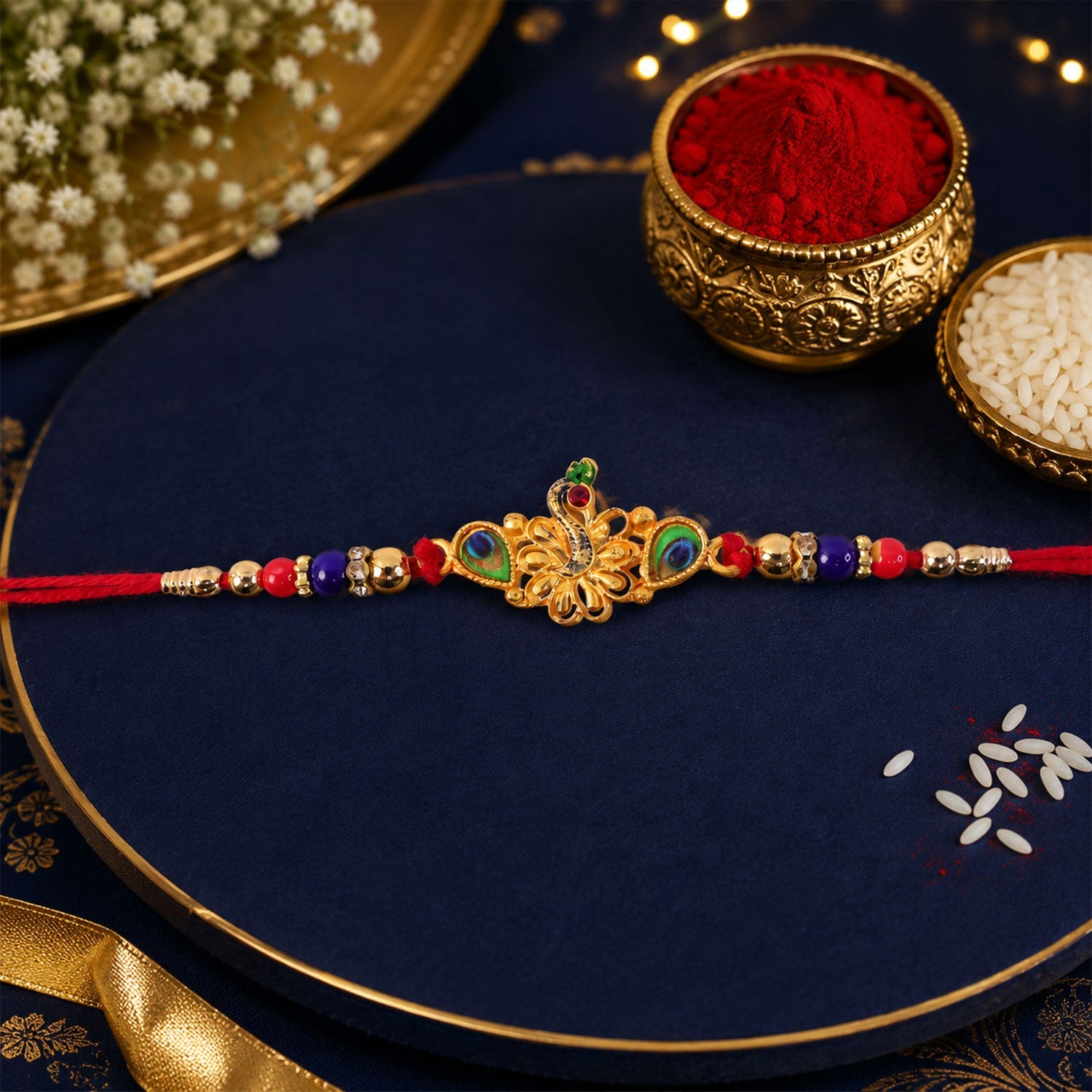 Peacock Multicolor Stone Gold Tone Rakhi