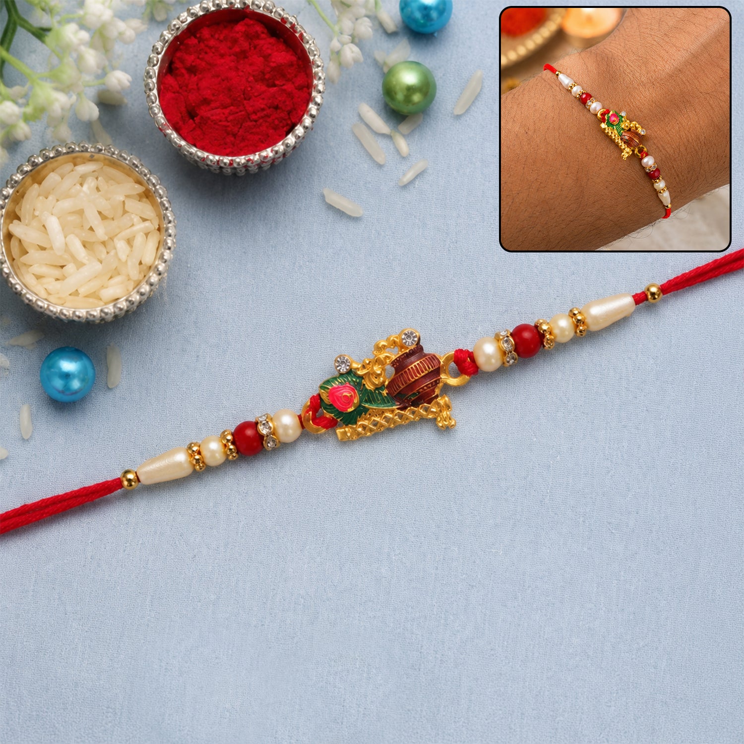 Krishna Matki Rakhi with Peacock Feather and Pearl Beads