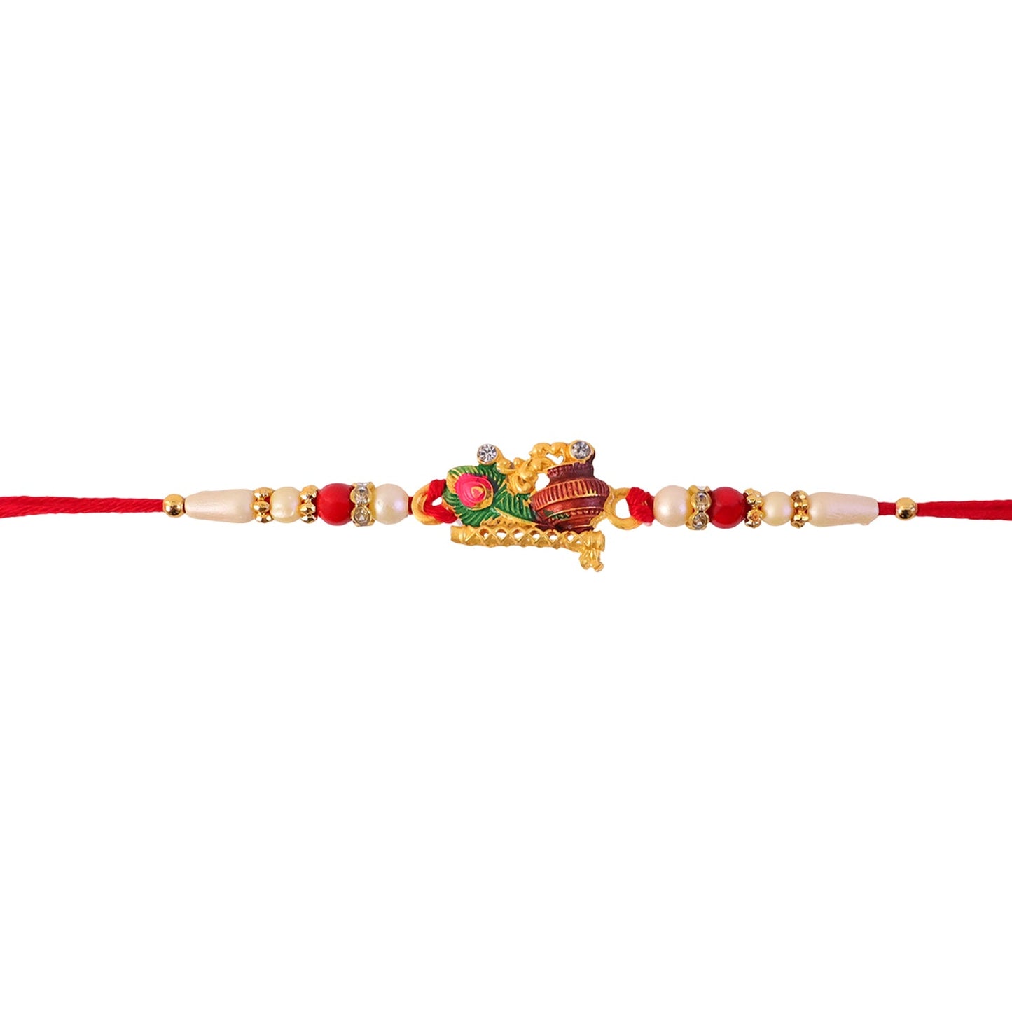 Krishna Matki Rakhi with Peacock Feather and Pearl Beads