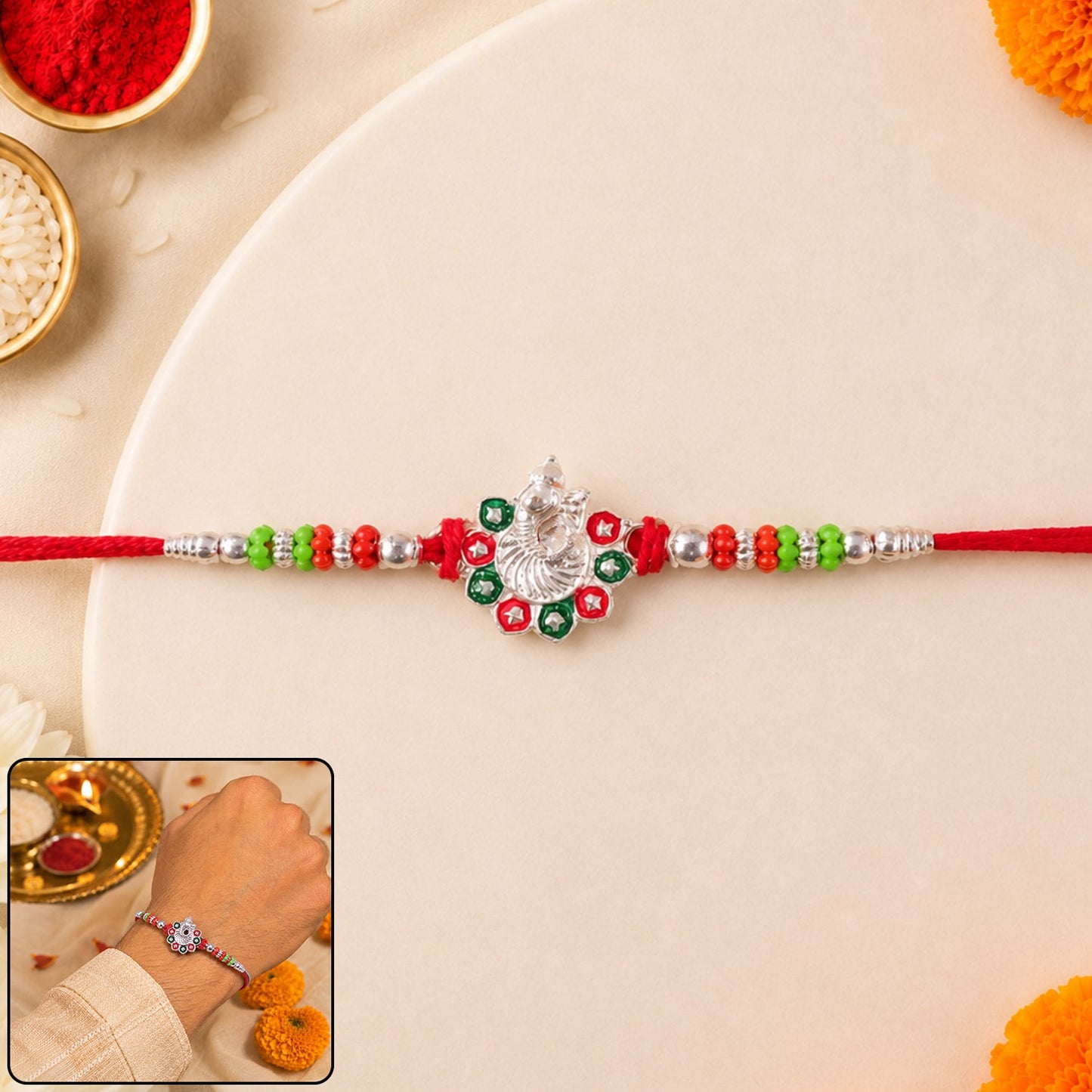 Ganesh Stone Studded Silver Tone Rakhi
