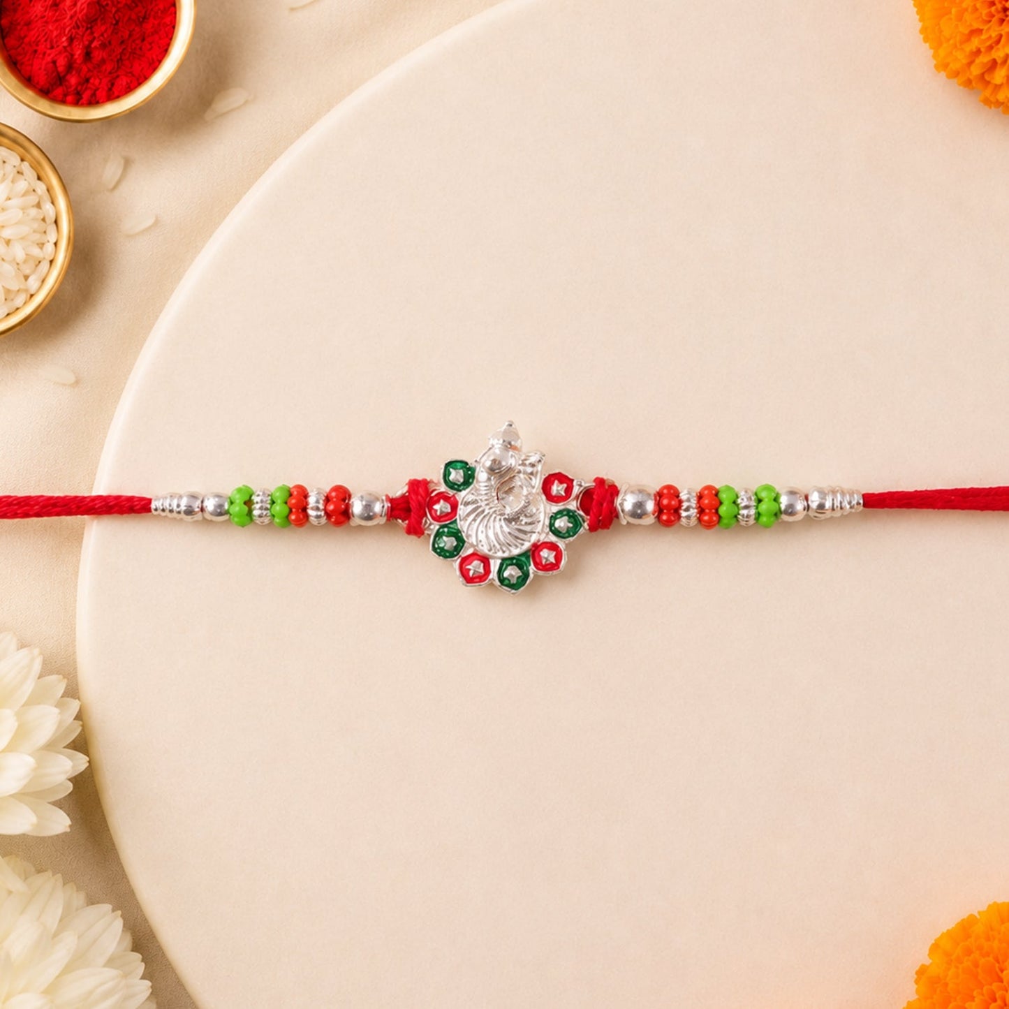 Ganesh Stone Studded Silver Tone Rakhi