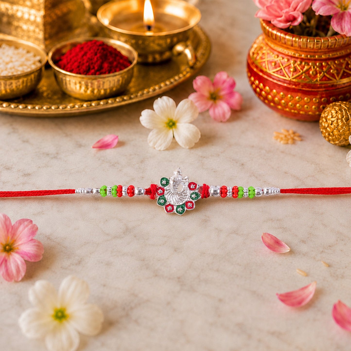 Ganesh Stone Studded Silver Tone Rakhi