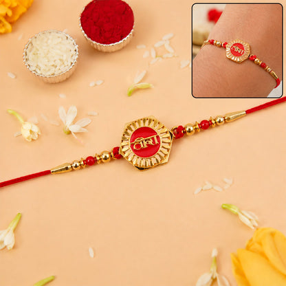 Veera Red Enamel Gold Tone Round Rakhi, front view