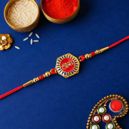 Side view of Veera Red Enamel Gold Tone Rakhi