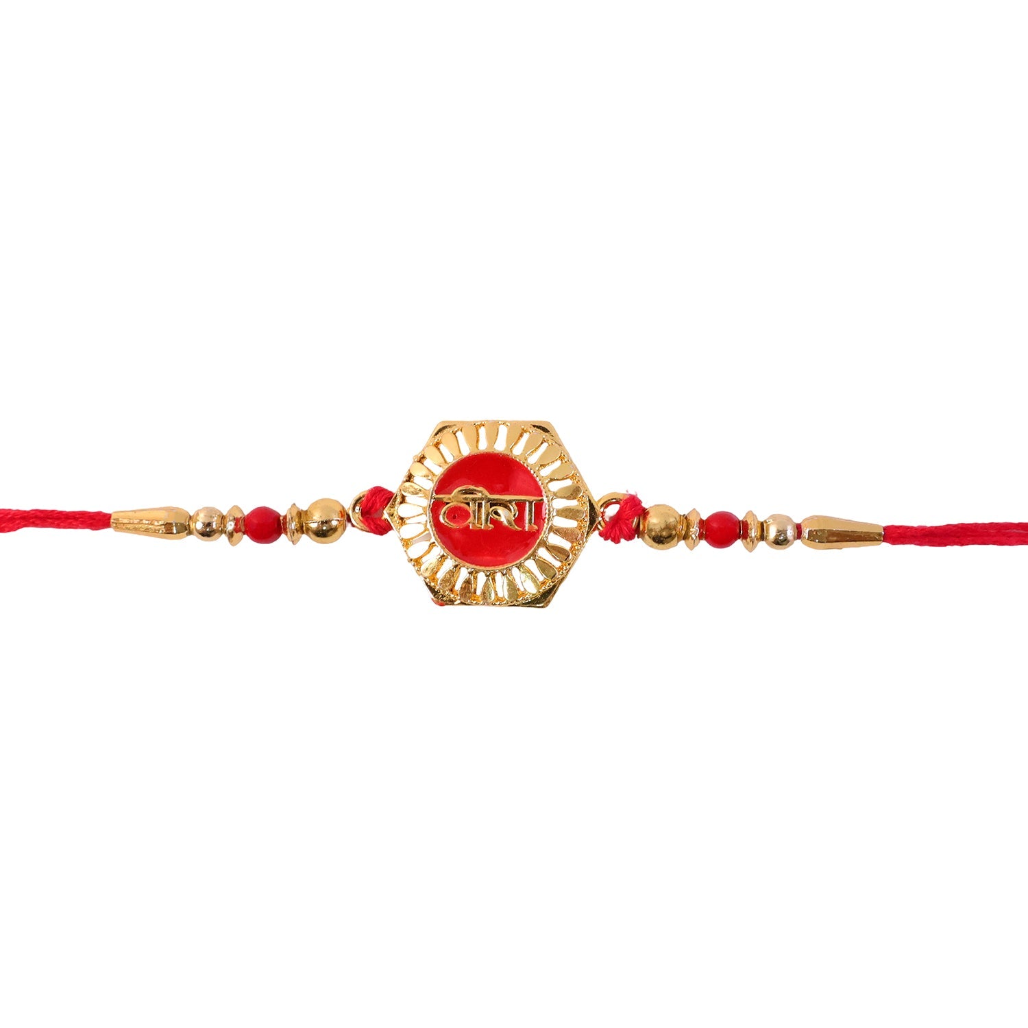 Veera Red Enamel Rakhi displayed with traditional festive elements