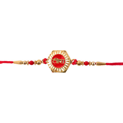 Veera Red Enamel Rakhi displayed with traditional festive elements