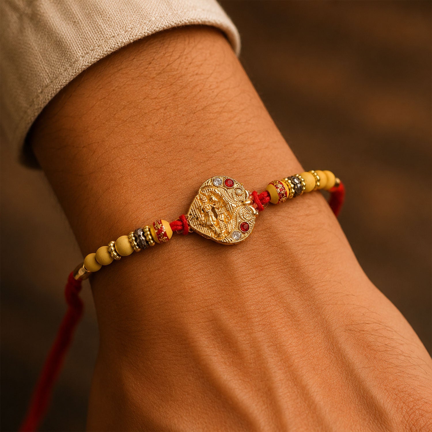 Close-up of Golden Tone Rakhi centerpiece
