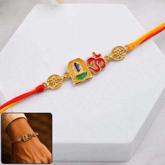Om Blue Enamel Gold Tone Rakhi